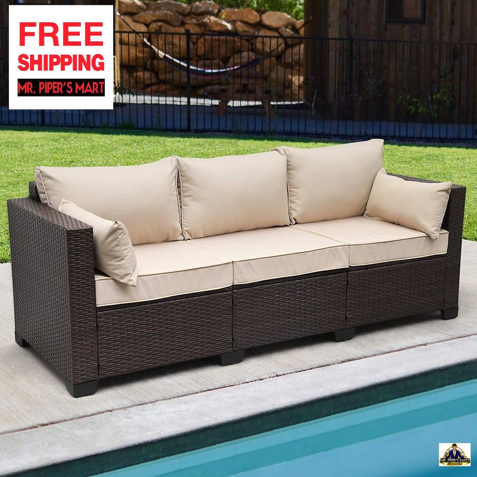 Outdoor Brown Rattan Sofa Seating Furniture with Non-Slip Beige Cushion 3-Seat