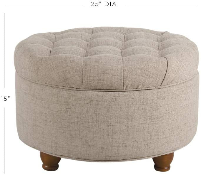Large Button Tufted Round Storage Ottoman with Storage (Light Tan)