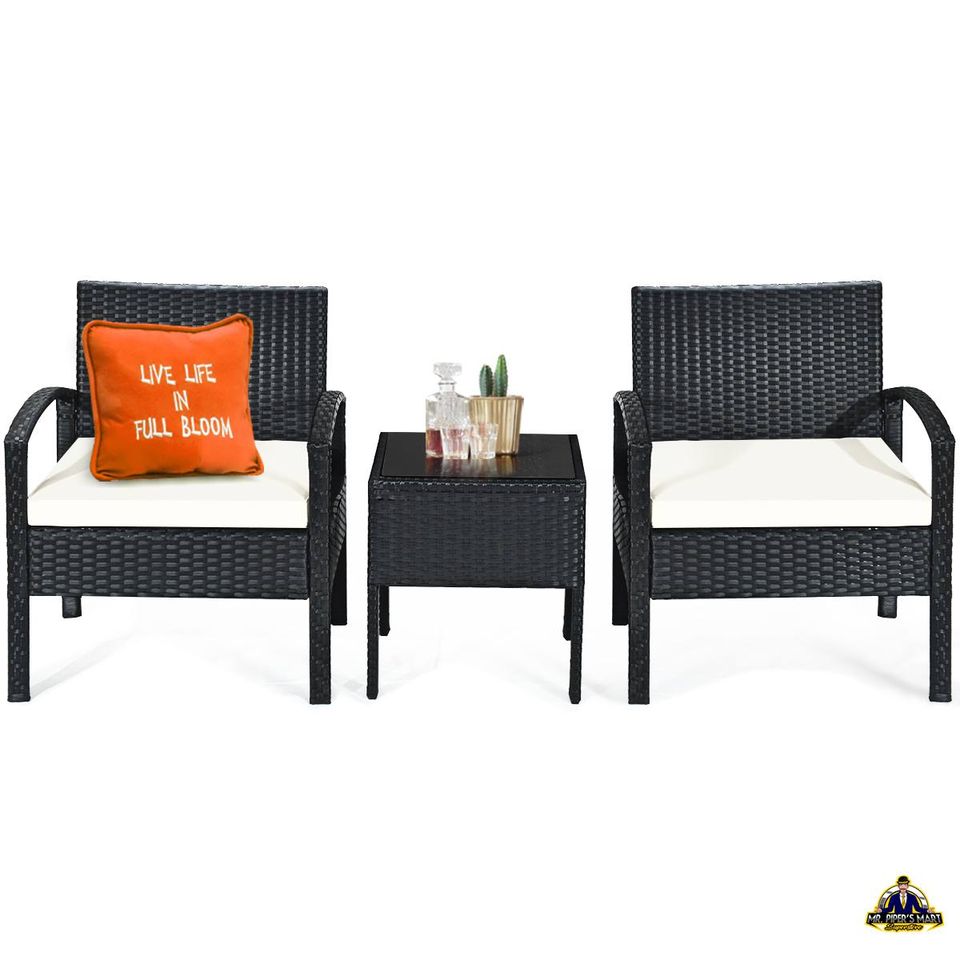 Patio Rattan Furniture Set Table & Chairs Set with Cushions 3PCS