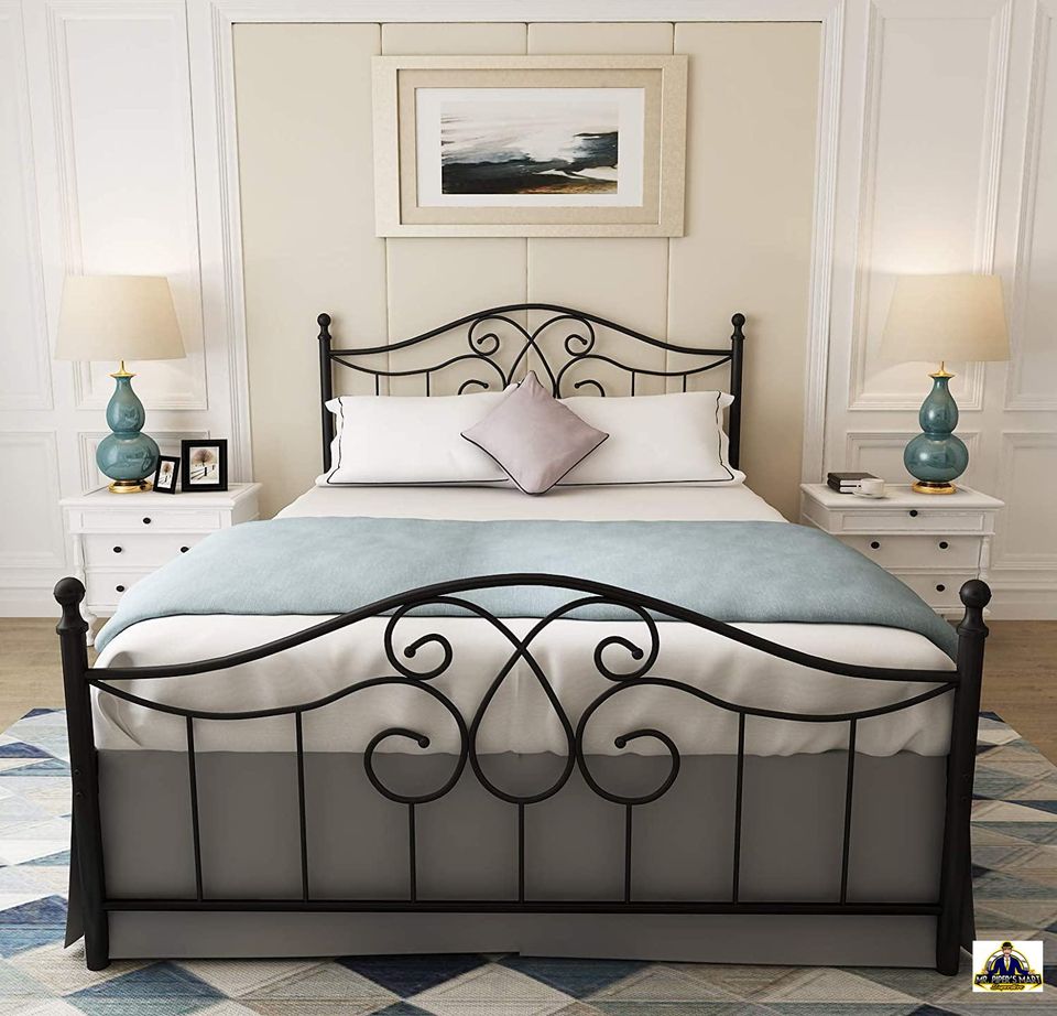 Vintage Sturdy Queen Size Metal Bed Frame with Headboard and Footboard