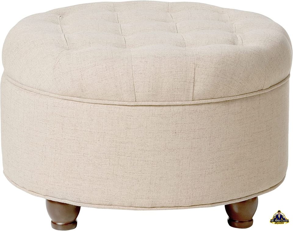 Large Button Tufted Round Storage Ottoman with Storage (Light Tan)