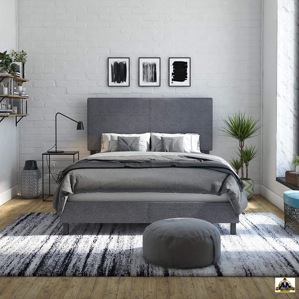 Upholstered Modern Bed Design Queen Grey Linen frame and headboard
