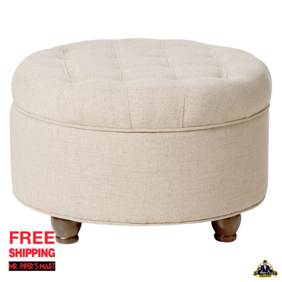 Large Button Tufted Round Storage Ottoman with Storage (Light Tan)