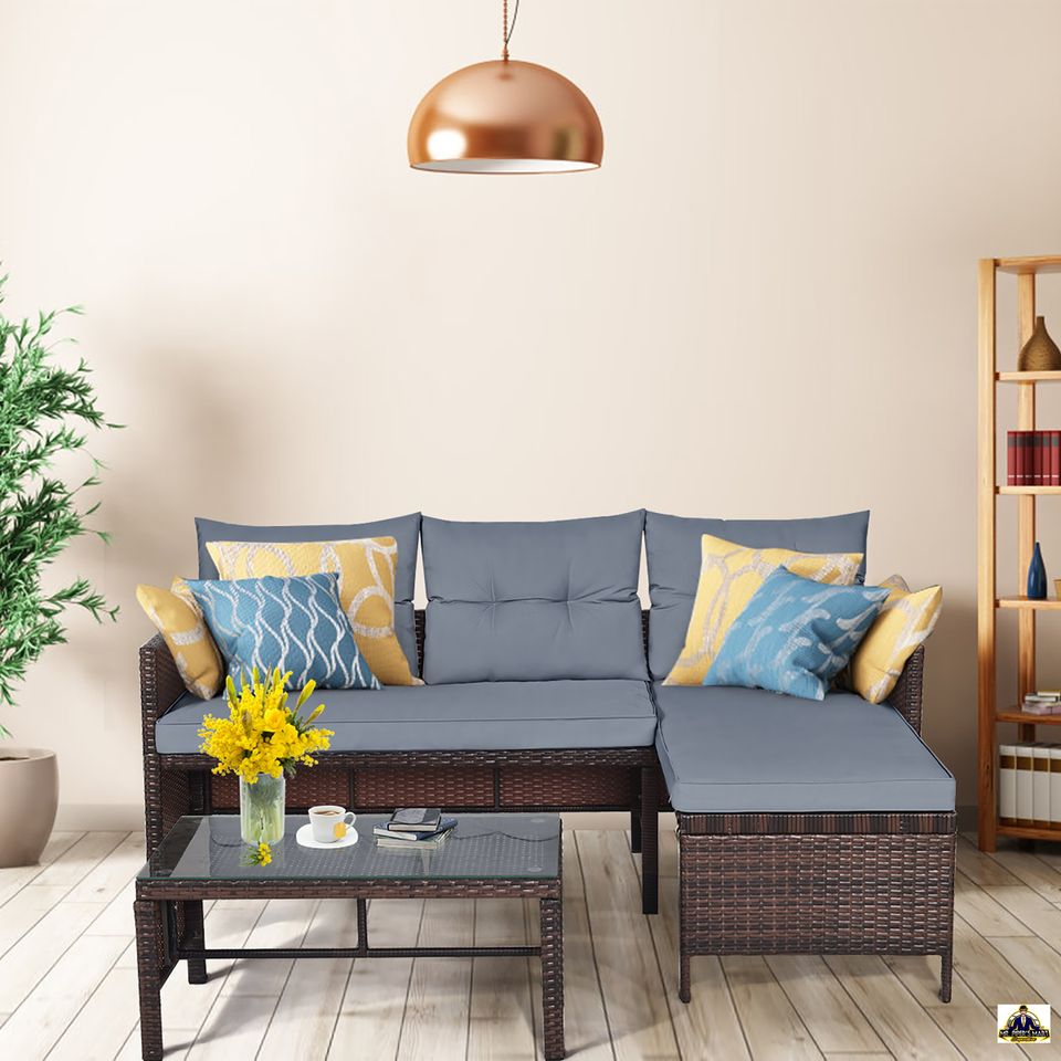 Patio Wicker Rattan Sofa Set Outdoor Sectional Conversation Set 3PCS