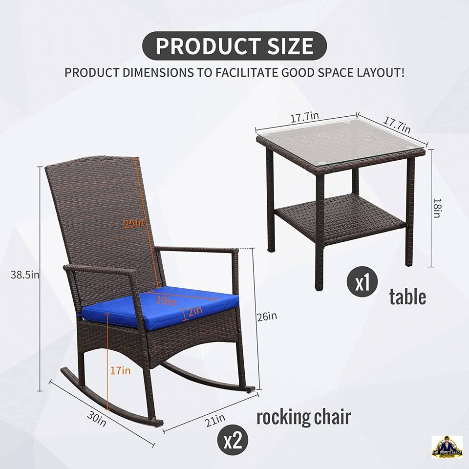 Outdoor PE Wicker Rocking Chair, Washable Lacing Cushion (Royal Blue) 3-Piece