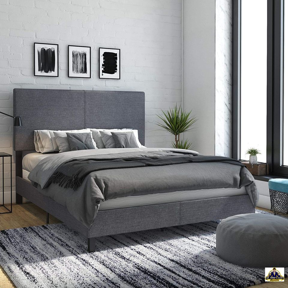 Upholstered Modern Bed Design Queen Grey Linen frame and headboard
