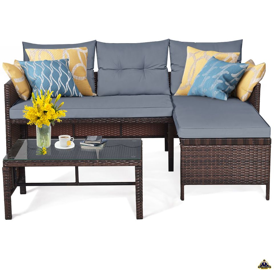 Patio Wicker Rattan Sofa Set Outdoor Sectional Conversation Set 3PCS