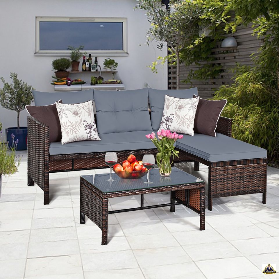 Patio Wicker Rattan Sofa Set Outdoor Sectional Conversation Set 3PCS