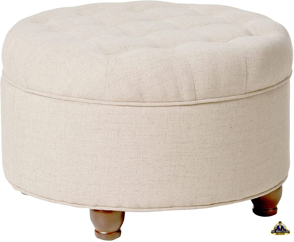 Large Button Tufted Round Storage Ottoman with Storage (Light Tan)