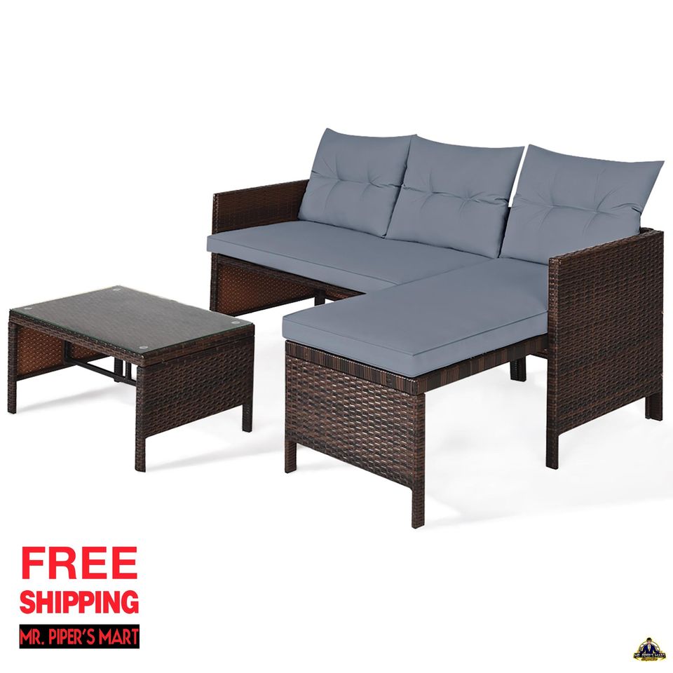 Patio Wicker Rattan Sofa Set Outdoor Sectional Conversation Set 3PCS