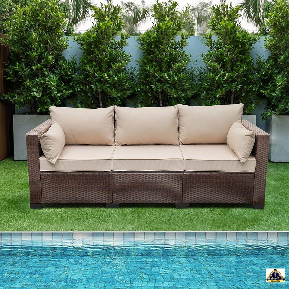 Outdoor Brown Rattan Sofa Seating Furniture with Non-Slip Beige Cushion 3-Seat