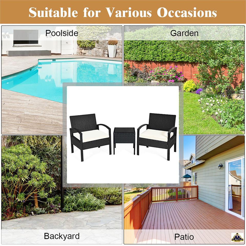 Patio Rattan Furniture Set Table & Chairs Set with Cushions 3PCS