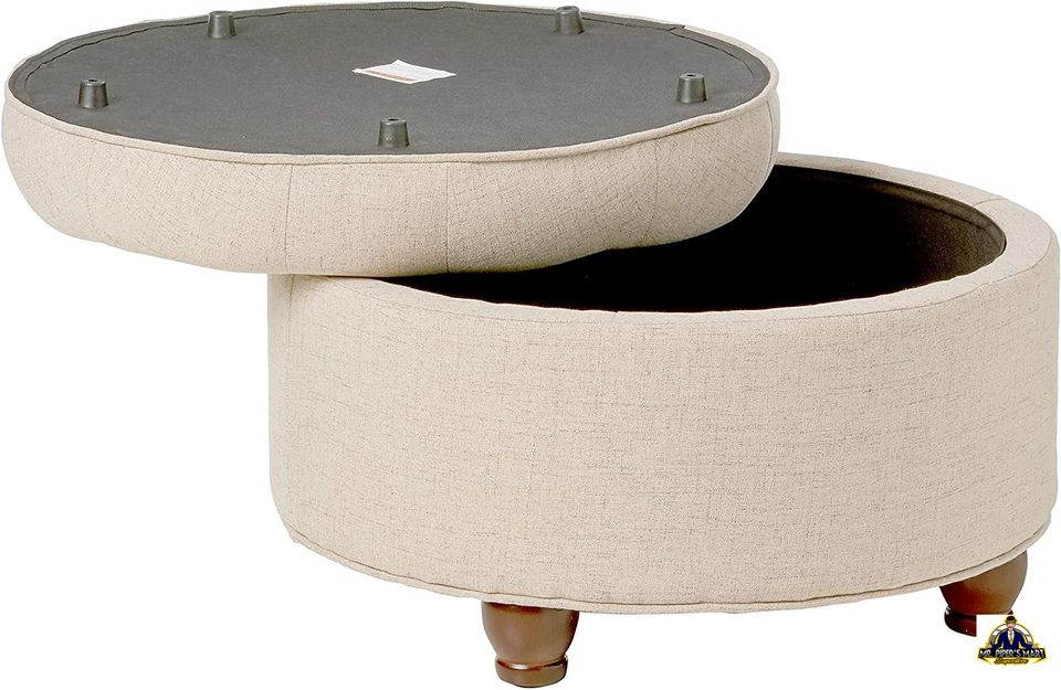 Large Button Tufted Round Storage Ottoman with Storage (Light Tan)