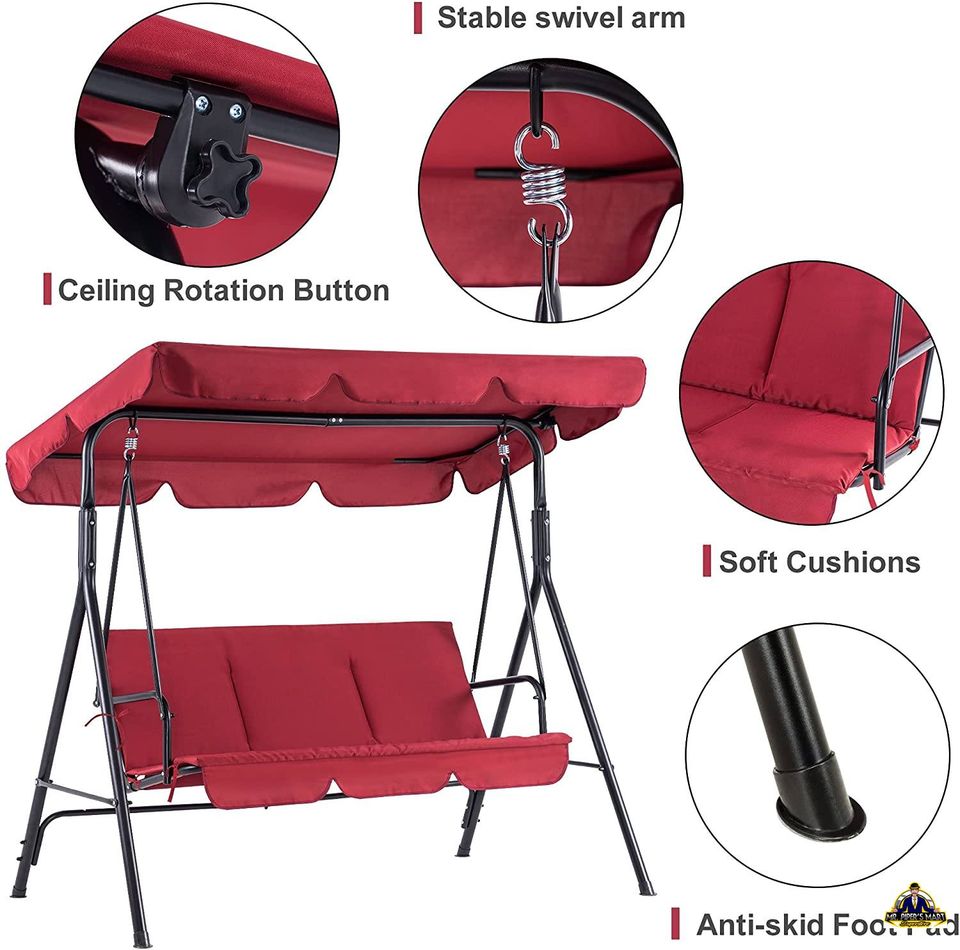 Outdoor Swing Convertible Canopy Hanging Glider Lounge Chair, Removable Cushions, (Red) 3-Person