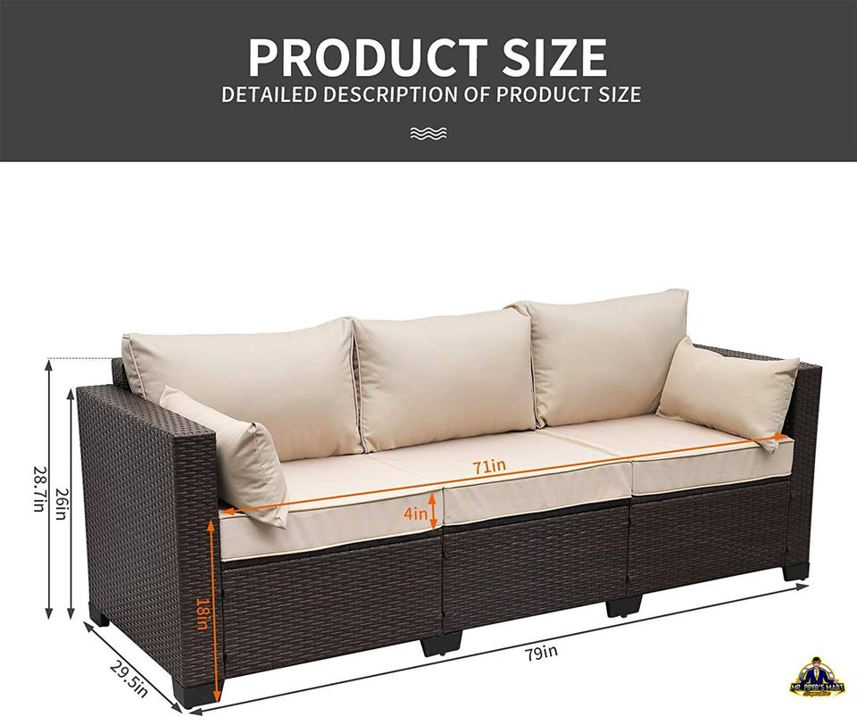 Outdoor Brown Rattan Sofa Seating Furniture with Non-Slip Beige Cushion 3-Seat