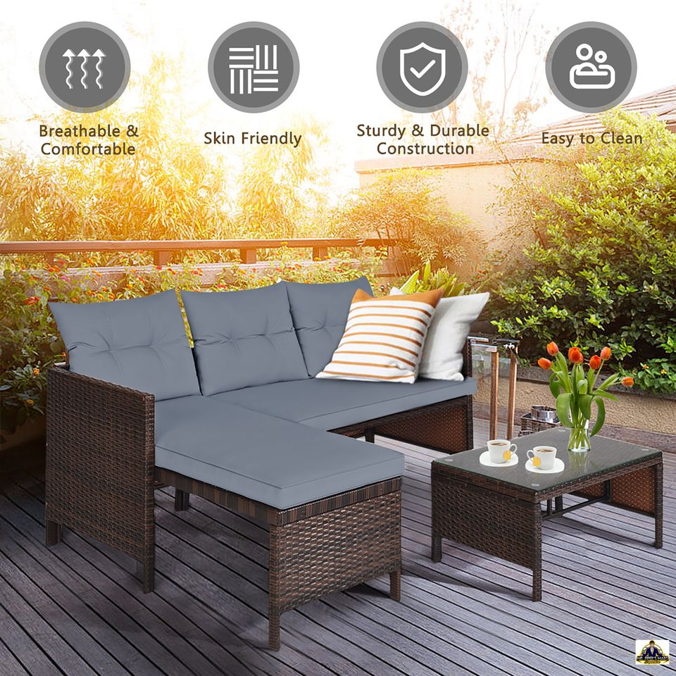Patio Wicker Rattan Sofa Set Outdoor Sectional Conversation Set 3PCS