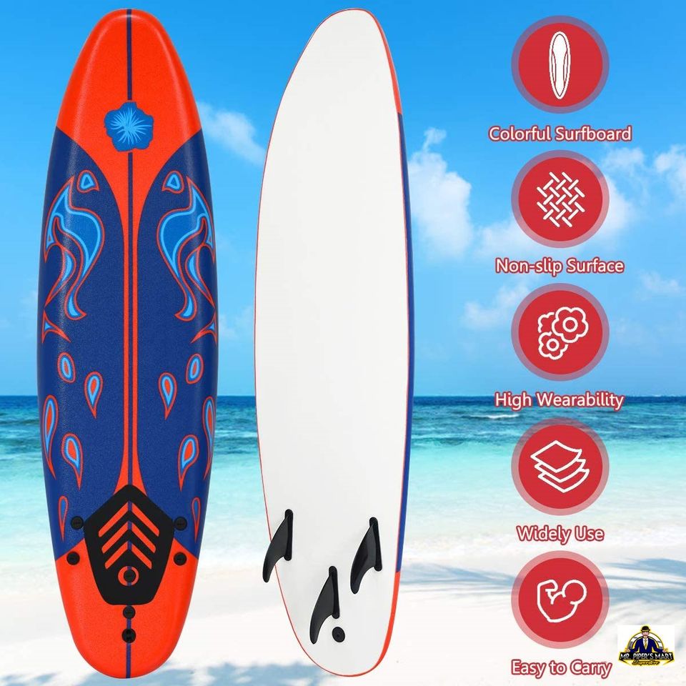 Stand Up Surfing Board w/ 3 Detachable Fins, Safety Leash, Non-Slip Lightweight Surfboard 6 Ft