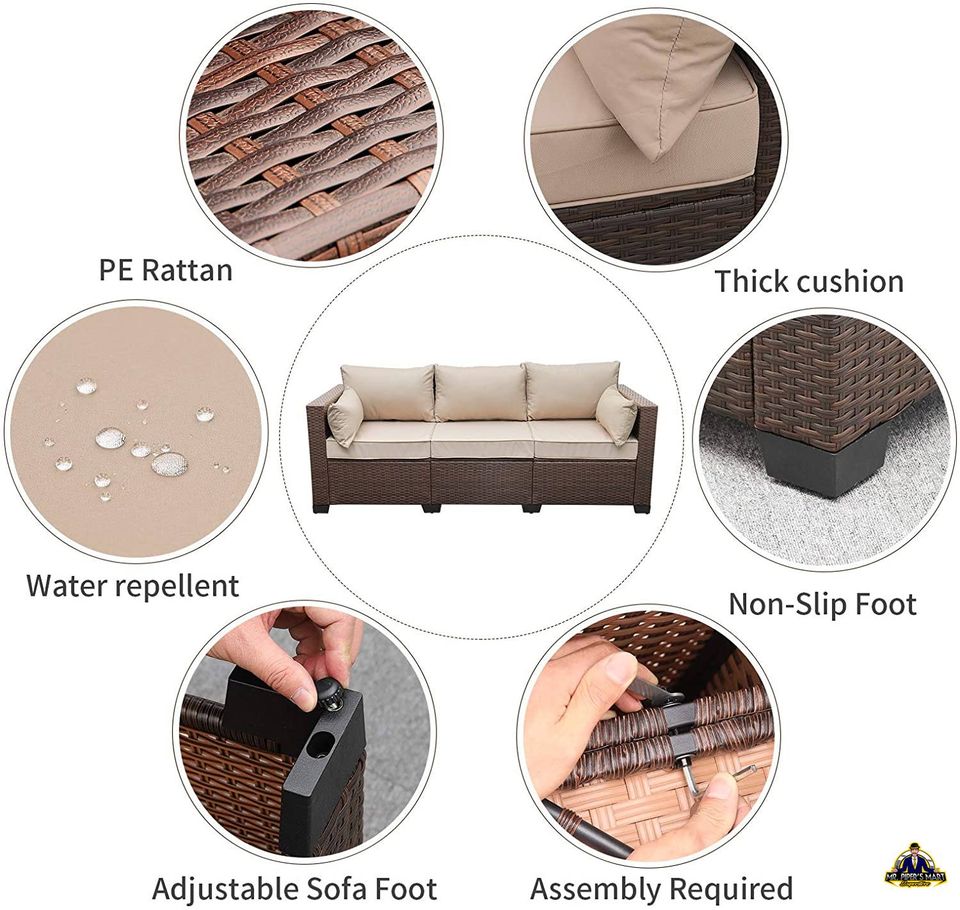 Outdoor Brown Rattan Sofa Seating Furniture with Non-Slip Beige Cushion 3-Seat