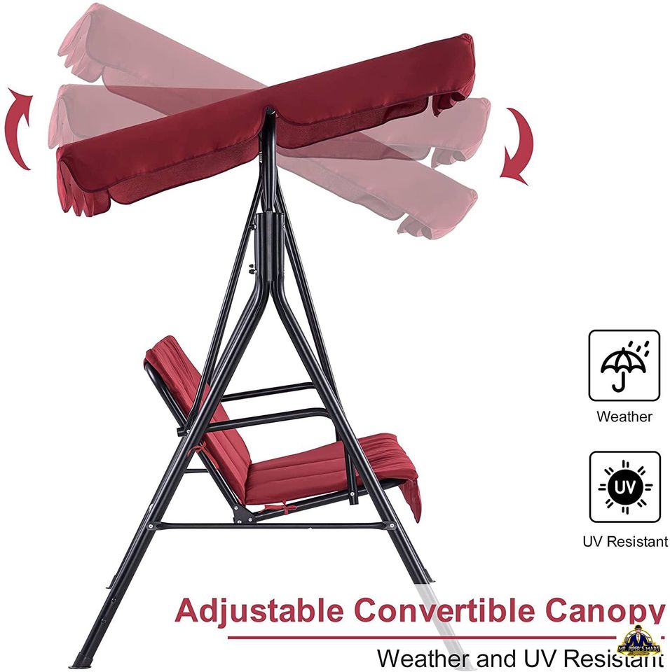 Outdoor Swing Convertible Canopy Hanging Glider Lounge Chair, Removable Cushions, (Red) 3-Person