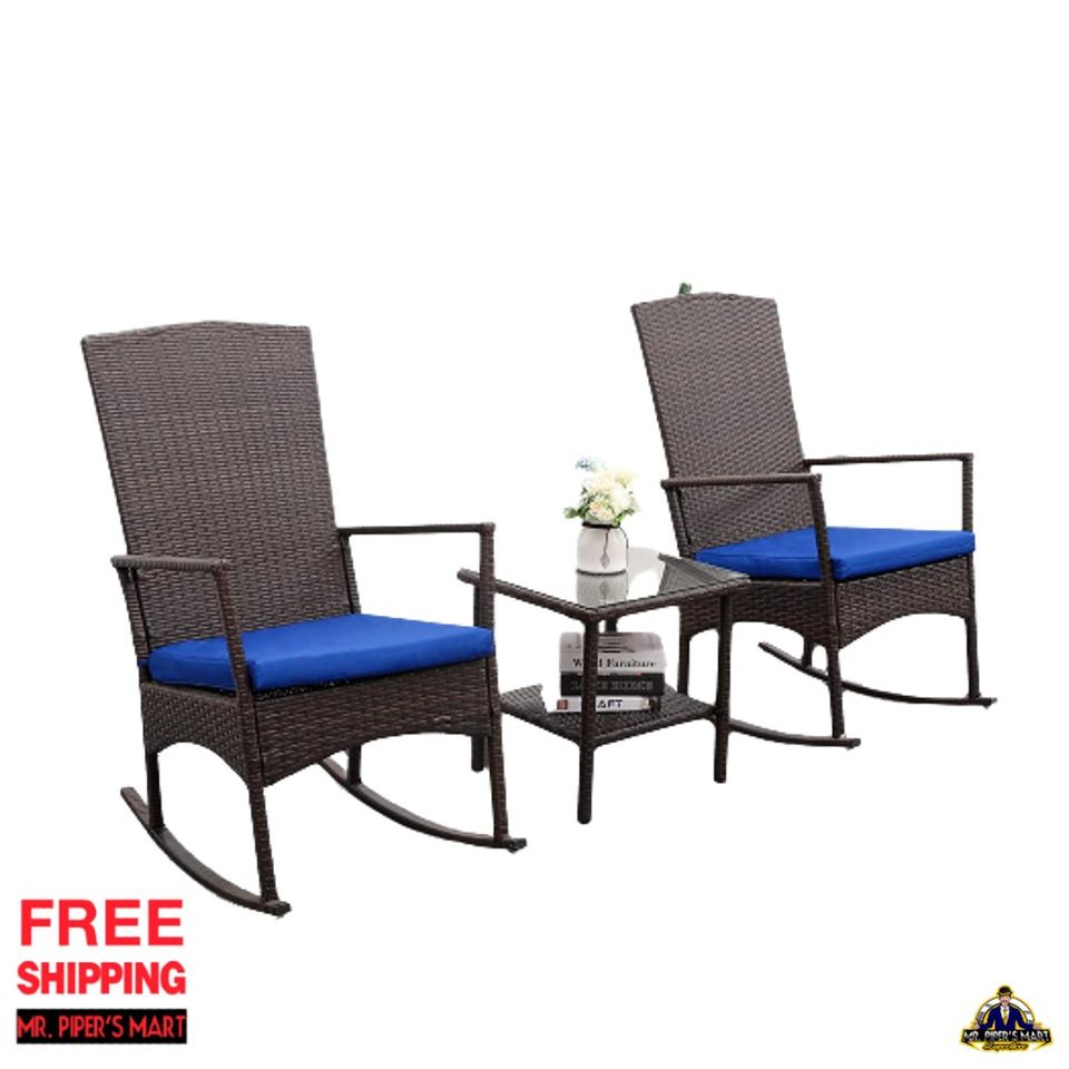 Outdoor PE Wicker Rocking Chair, Washable Lacing Cushion (Royal Blue) 3-Piece