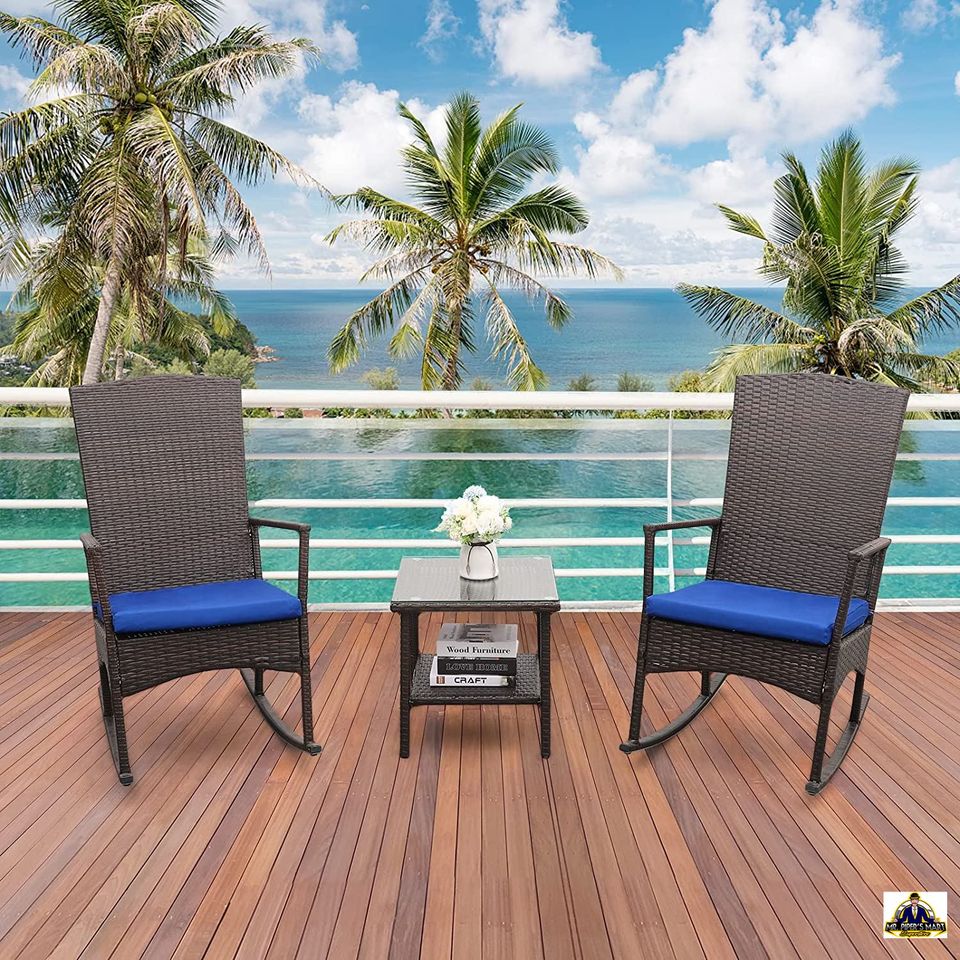Outdoor PE Wicker Rocking Chair, Washable Lacing Cushion (Royal Blue) 3-Piece