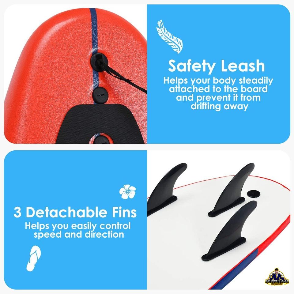 Stand Up Surfing Board w/ 3 Detachable Fins, Safety Leash, Non-Slip Lightweight Surfboard 6 Ft