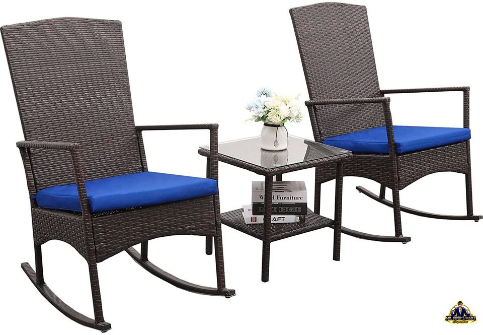 Outdoor PE Wicker Rocking Chair, Washable Lacing Cushion (Royal Blue) 3-Piece