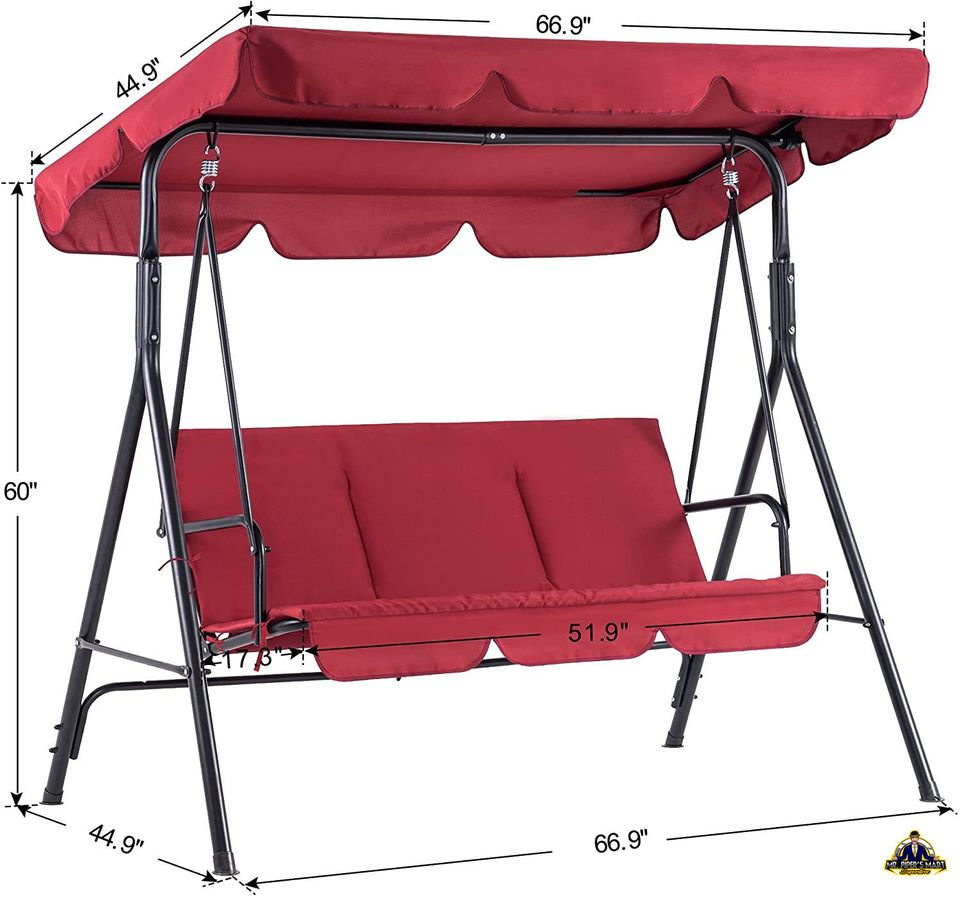 Outdoor Swing Convertible Canopy Hanging Glider Lounge Chair, Removable Cushions, (Red) 3-Person