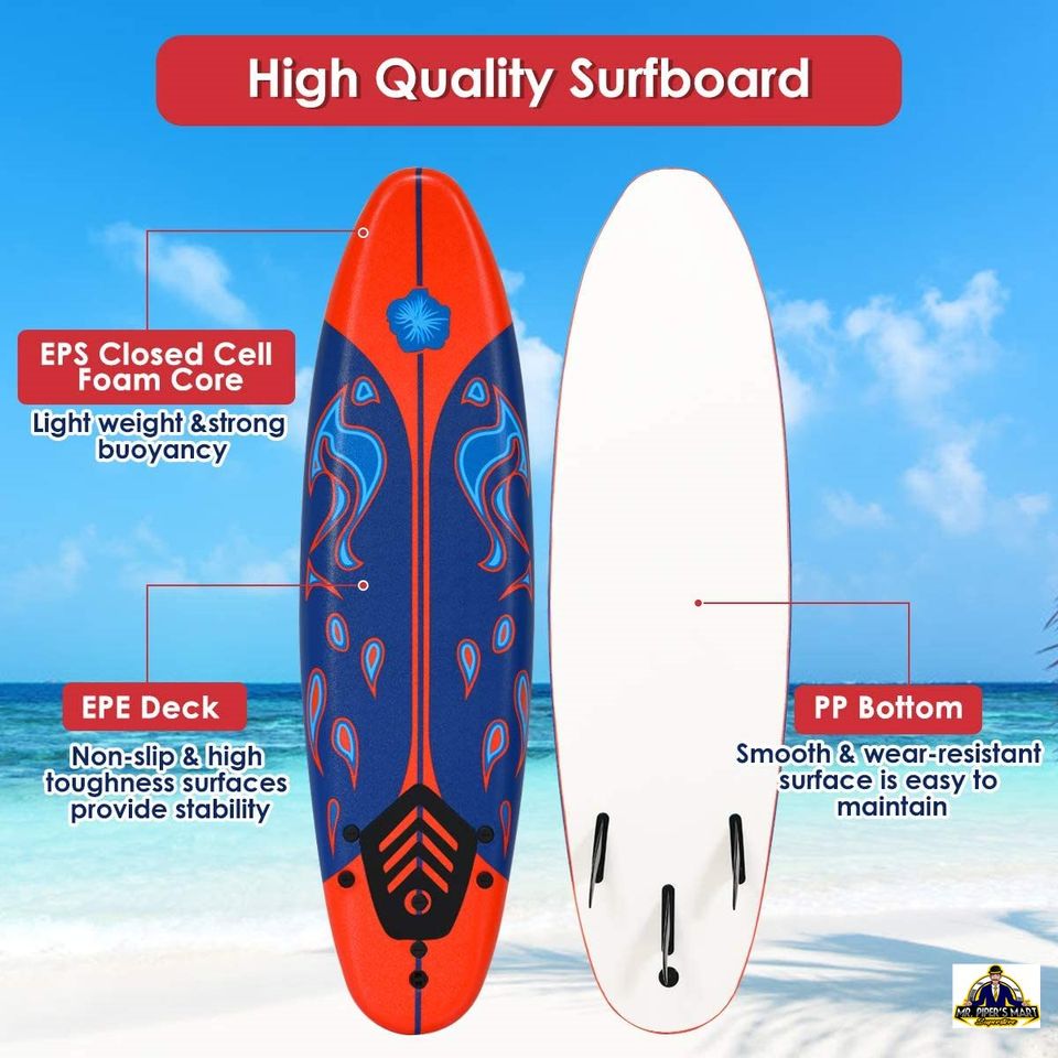 Stand Up Surfing Board w/ 3 Detachable Fins, Safety Leash, Non-Slip Lightweight Surfboard 6 Ft