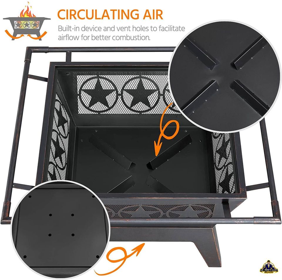 Iron Fire Pit Outdoor 32" Patio with Mesh Cover Grills Poker Square Fire Pit Bronze