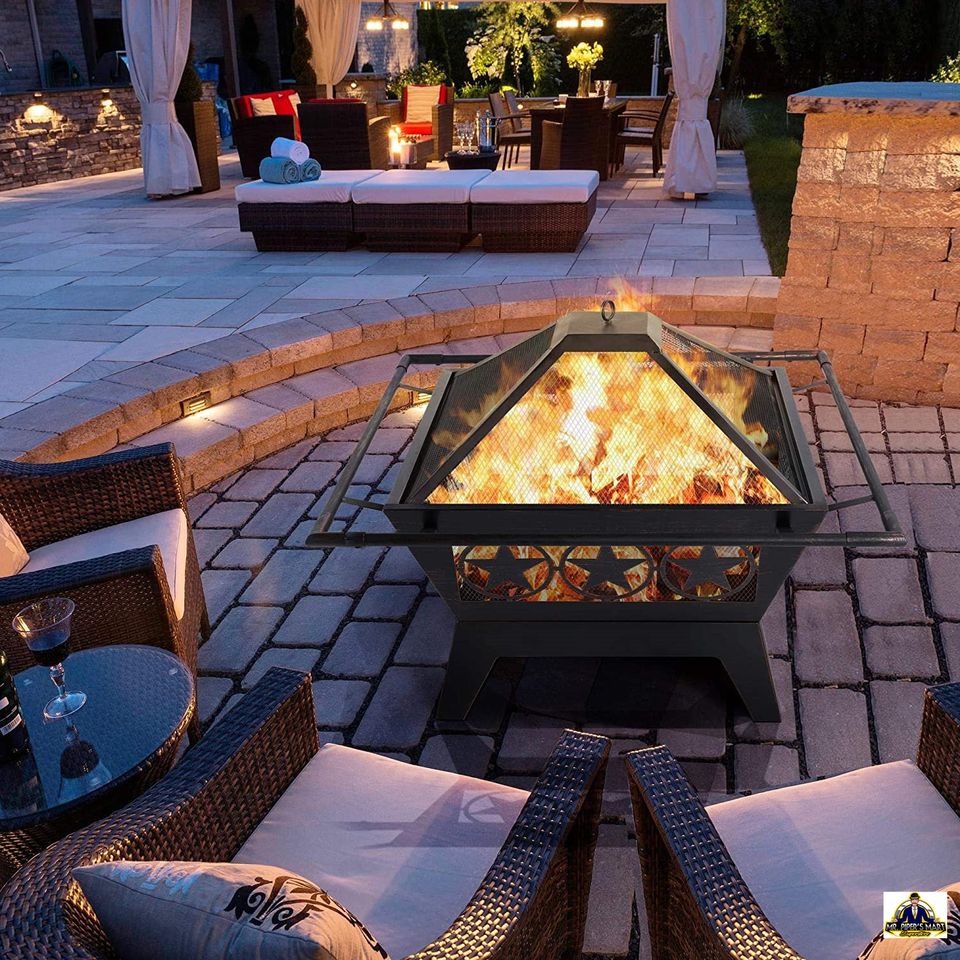 Iron Fire Pit Outdoor 32" Patio with Mesh Cover Grills Poker Square Fire Pit Bronze