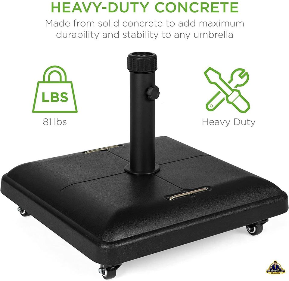 Heavy Duty Square Concrete Rolling Outdoor Patio Umbrella Base Stand w/Locking Wheels, 81-Pound