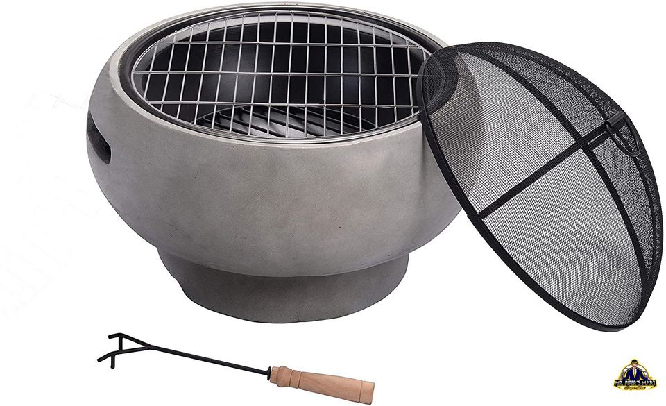 Fire Pit Round Charcoal Wood Burning Outdoor Patio Garden Fireplace BBQ Grill (Light Gray)