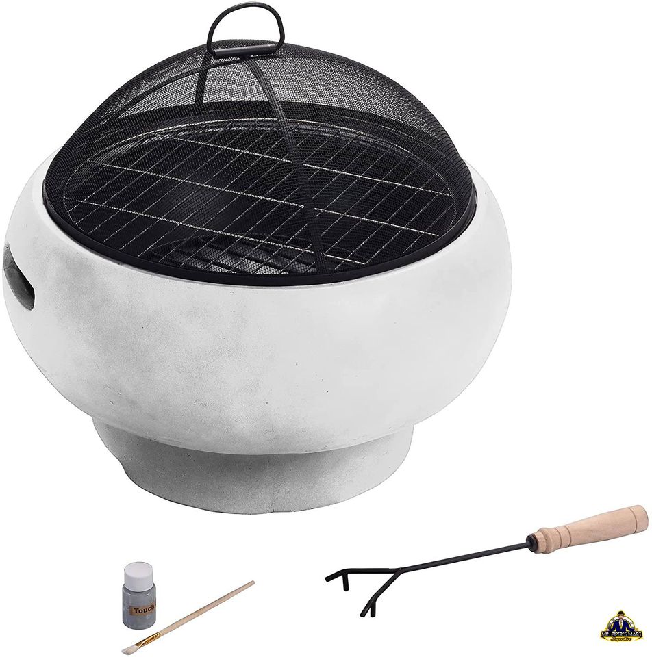 Fire Pit Round Charcoal Wood Burning Outdoor Patio Garden Fireplace BBQ Grill (Light Gray)