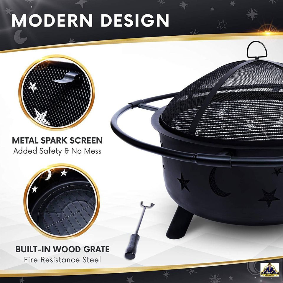 Outdoor Fire Pit for Outside with Cooking BBQ Grill Grate, Spark Screen, and Poker 30 Inch