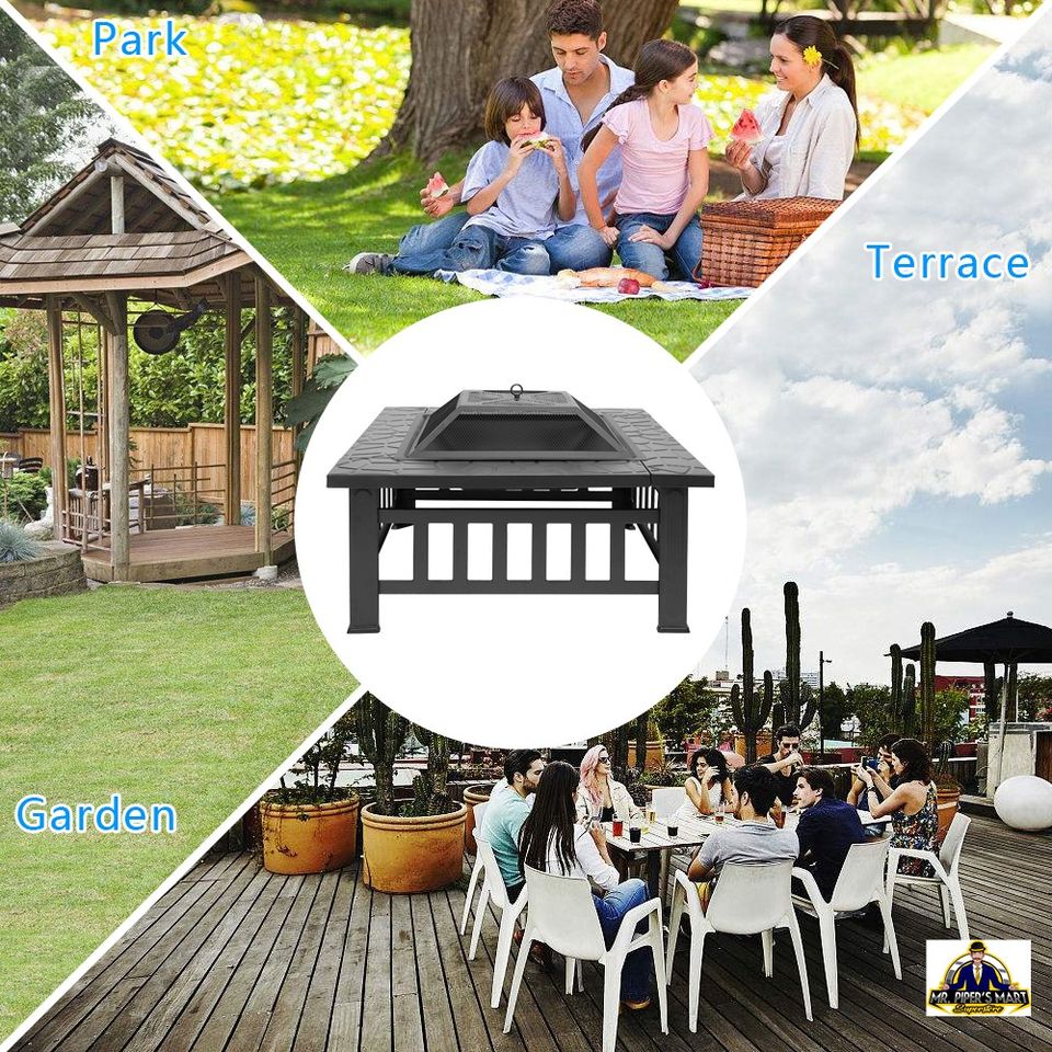 Outdoor Metal Firepit Backyard Patio Garden Square Stove Fire Pit 32"