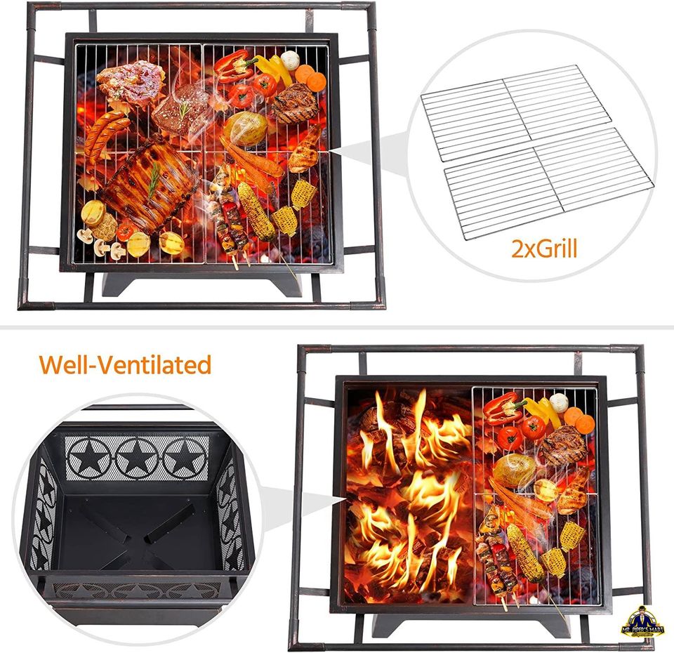 Iron Fire Pit Outdoor 32" Patio with Mesh Cover Grills Poker Square Fire Pit Bronze