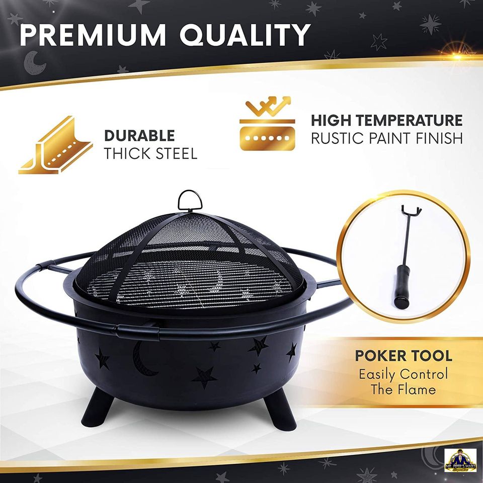 Outdoor Fire Pit for Outside with Cooking BBQ Grill Grate, Spark Screen, and Poker 30 Inch