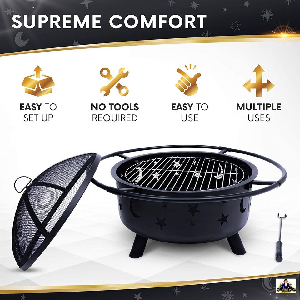 Outdoor Fire Pit for Outside with Cooking BBQ Grill Grate, Spark Screen, and Poker 30 Inch