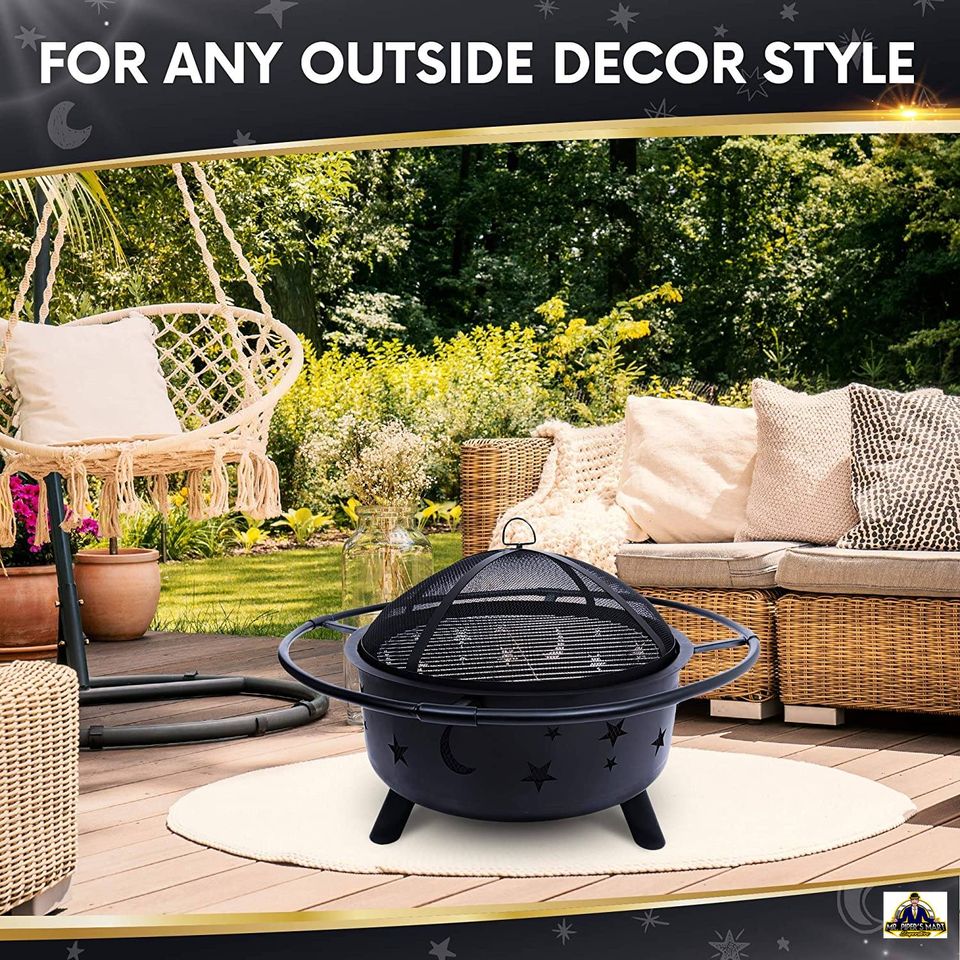 Outdoor Fire Pit for Outside with Cooking BBQ Grill Grate, Spark Screen, and Poker 30 Inch