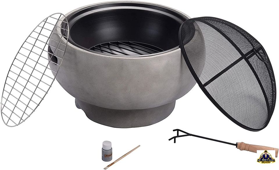 Fire Pit Round Charcoal Wood Burning Outdoor Patio Garden Fireplace BBQ Grill (Light Gray)