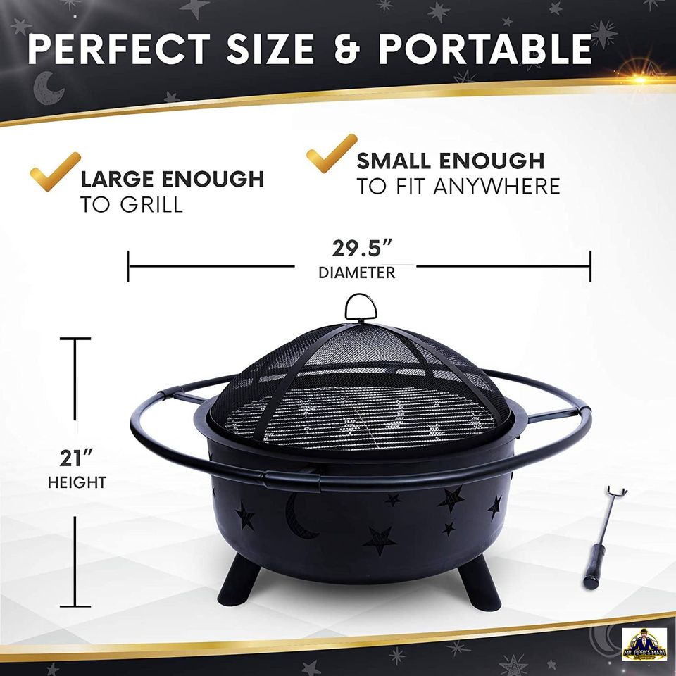 Outdoor Fire Pit for Outside with Cooking BBQ Grill Grate, Spark Screen, and Poker 30 Inch