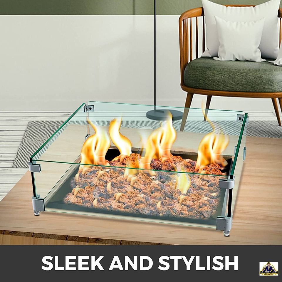 Fire Pit Wind Glass Flame Guard w/ 5/16Inch Thickness Clear Tempered Glass & Non-Slip