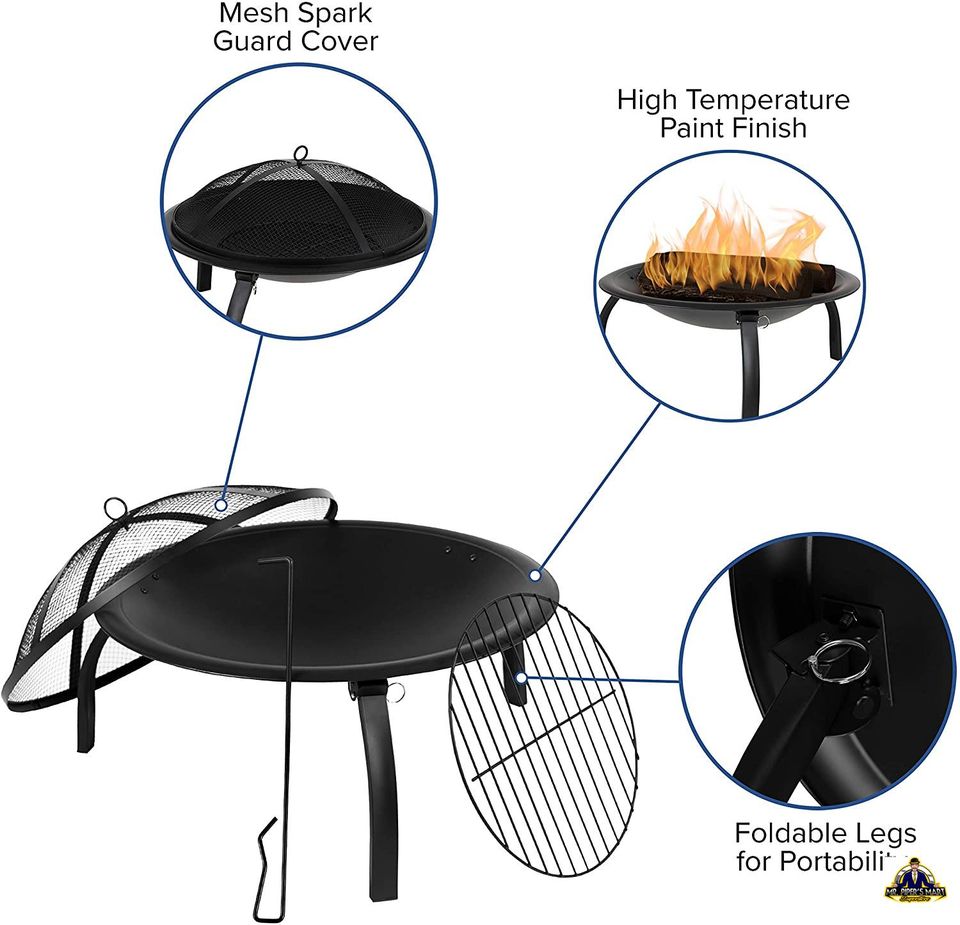 Firepit 22.5" Foldable Wood Burning with Mesh Spark Screen and Poker