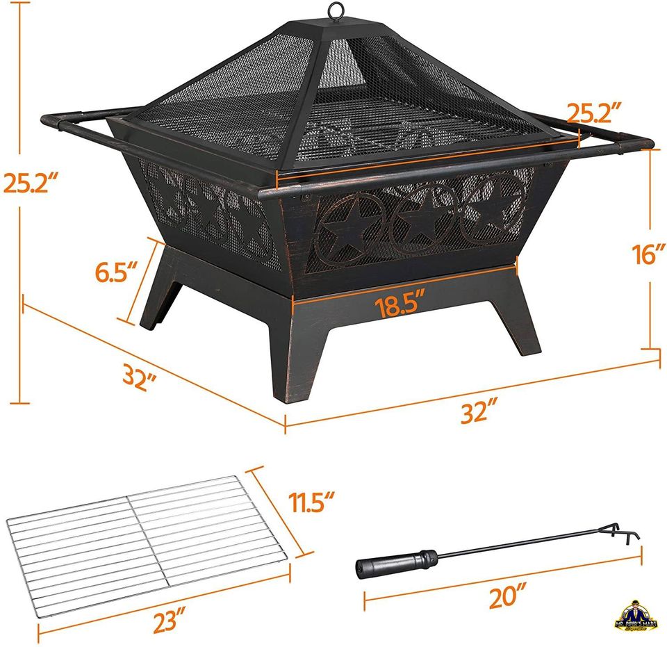Iron Fire Pit Outdoor 32" Patio with Mesh Cover Grills Poker Square Fire Pit Bronze