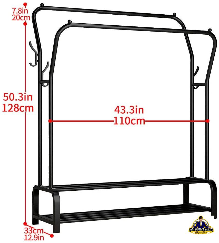 Garment Rack Freestanding Hanger Double Rods 4 Hooks, Black