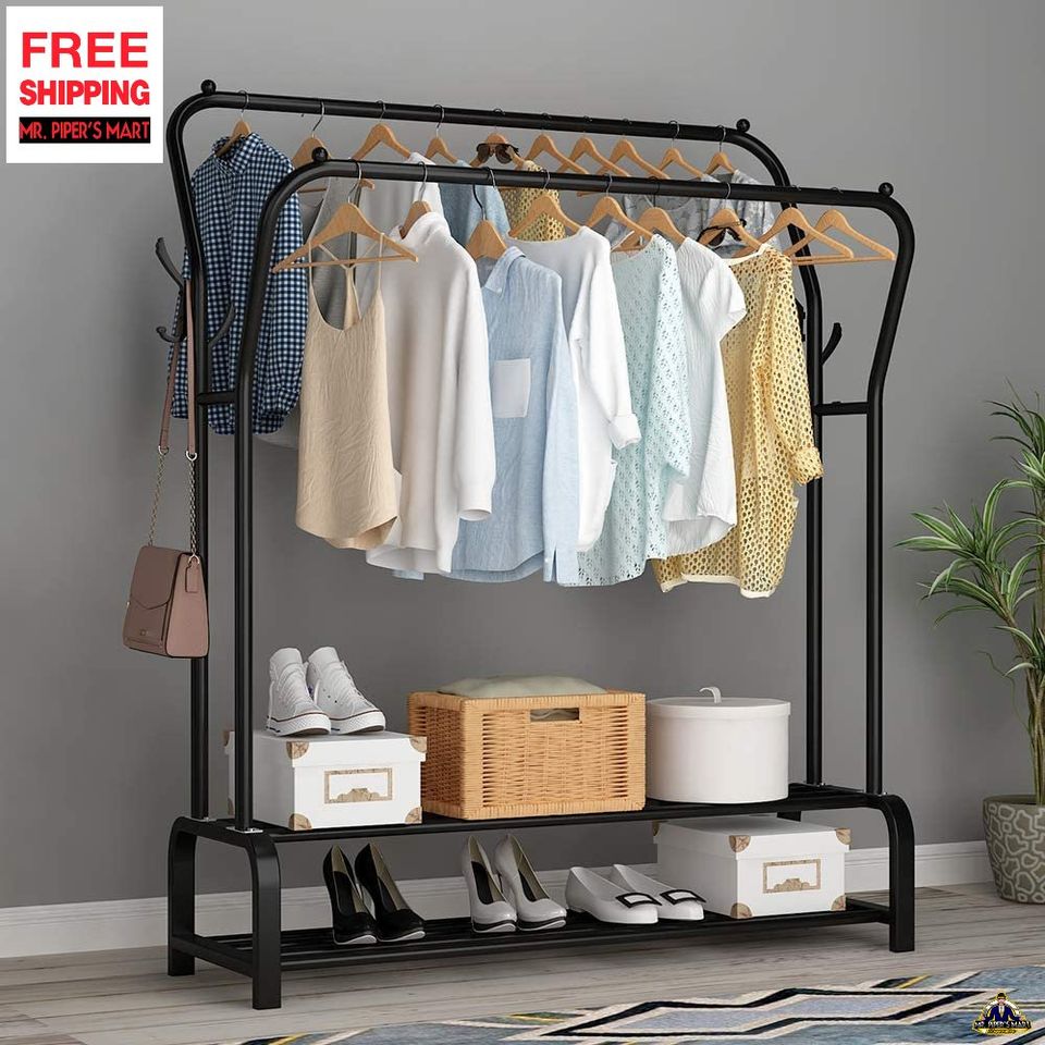 Garment Rack Freestanding Hanger Double Rods 4 Hooks, Black