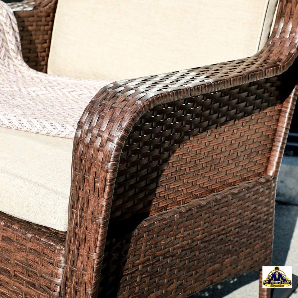 Outdoor Resin Wicker Rocking Chair with Olefin Cushions, Brown Wicker & Beige Cushions