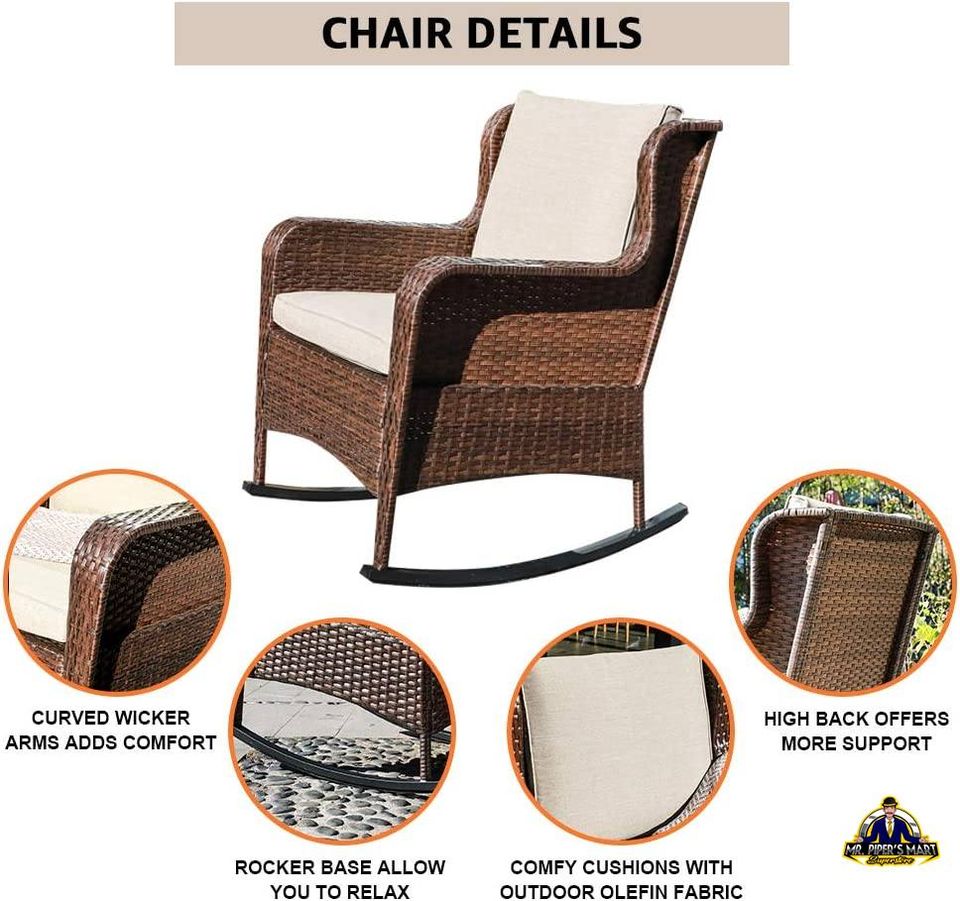 Outdoor Resin Wicker Rocking Chair with Olefin Cushions, Brown Wicker & Beige Cushions