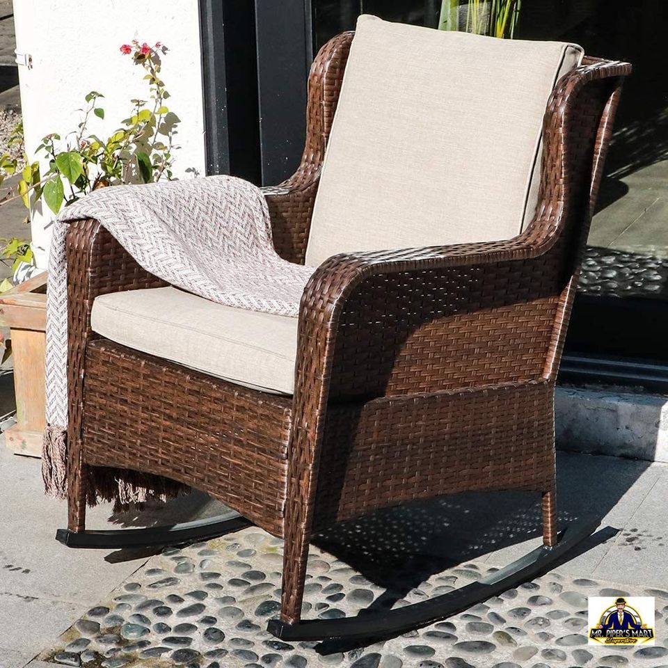 Outdoor Resin Wicker Rocking Chair with Olefin Cushions, Brown Wicker & Beige Cushions